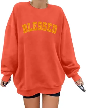 MNLYBABY Oversized Blessed Sweatshirt Women: Christian Shirt Blessed Chenille Pullover Fall Long Sleeve Tops