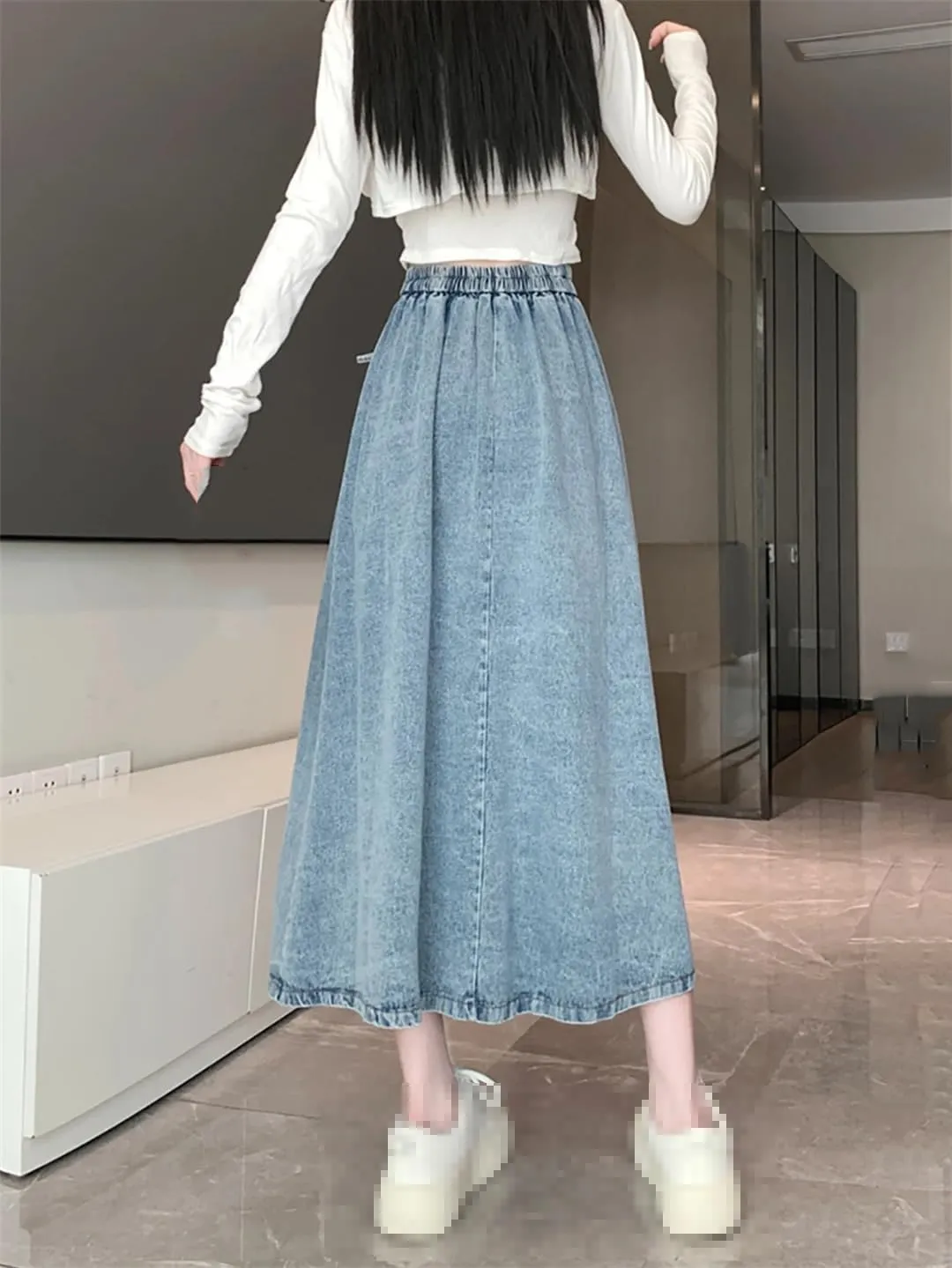 Mokkpeq Women's Elastic Waisted Bow Tie Denim Pleated Skirt High-Waist Slim Fit A-Line Casual Long Lac-Up Skirts