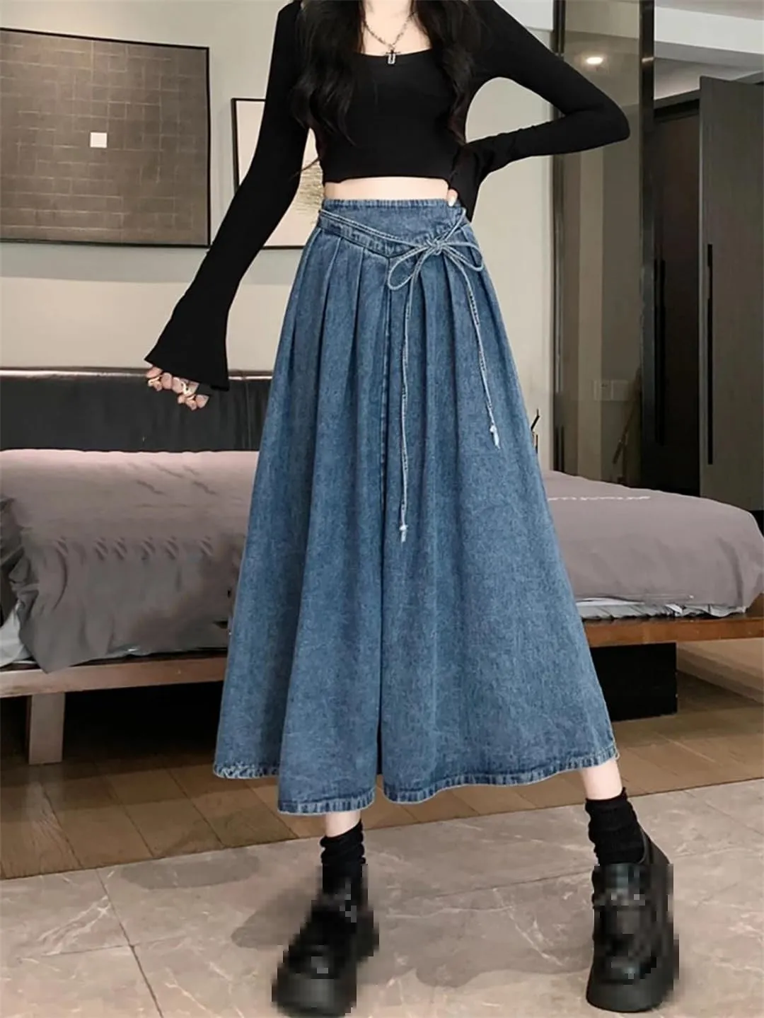 Mokkpeq Women's Elastic Waisted Bow Tie Denim Pleated Skirt High-Waist Slim Fit A-Line Casual Long Lac-Up Skirts