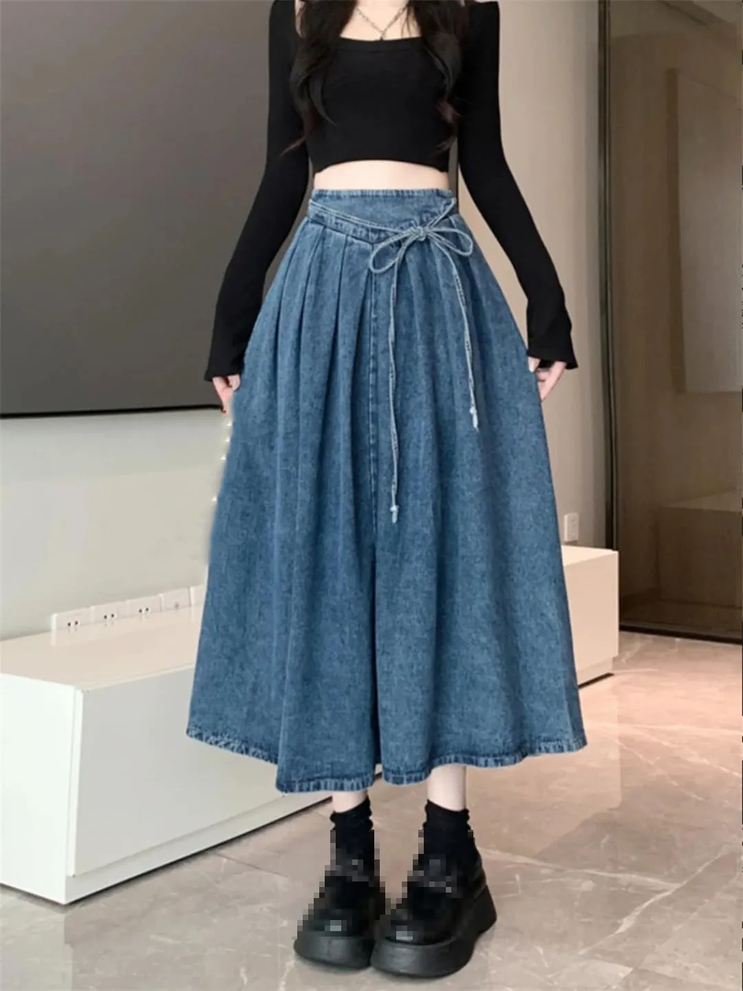 Mokkpeq Women's Elastic Waisted Bow Tie Denim Pleated Skirt High-Waist Slim Fit A-Line Casual Long Lac-Up Skirts