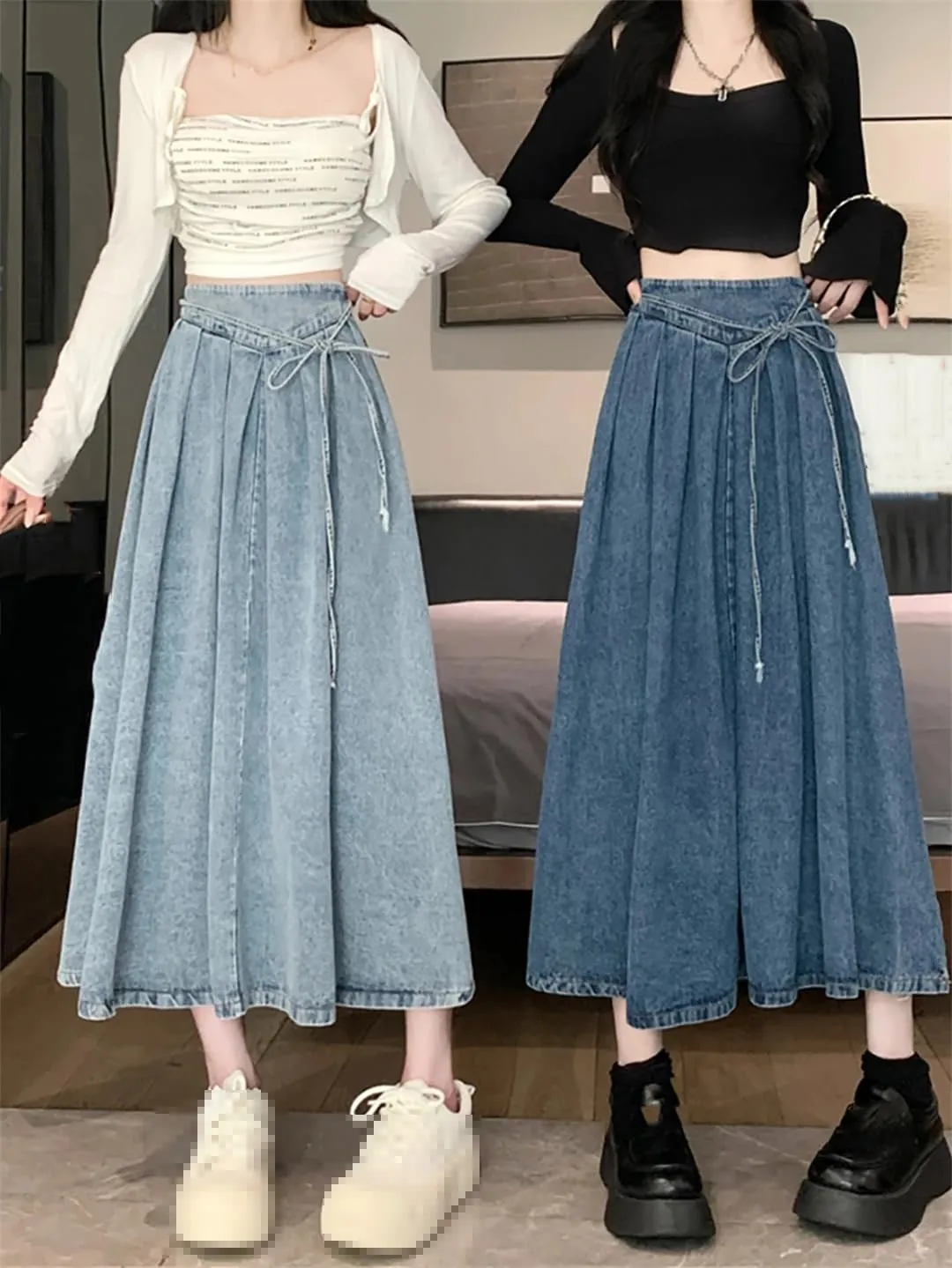 Mokkpeq Women's Elastic Waisted Bow Tie Denim Pleated Skirt High-Waist Slim Fit A-Line Casual Long Lac-Up Skirts