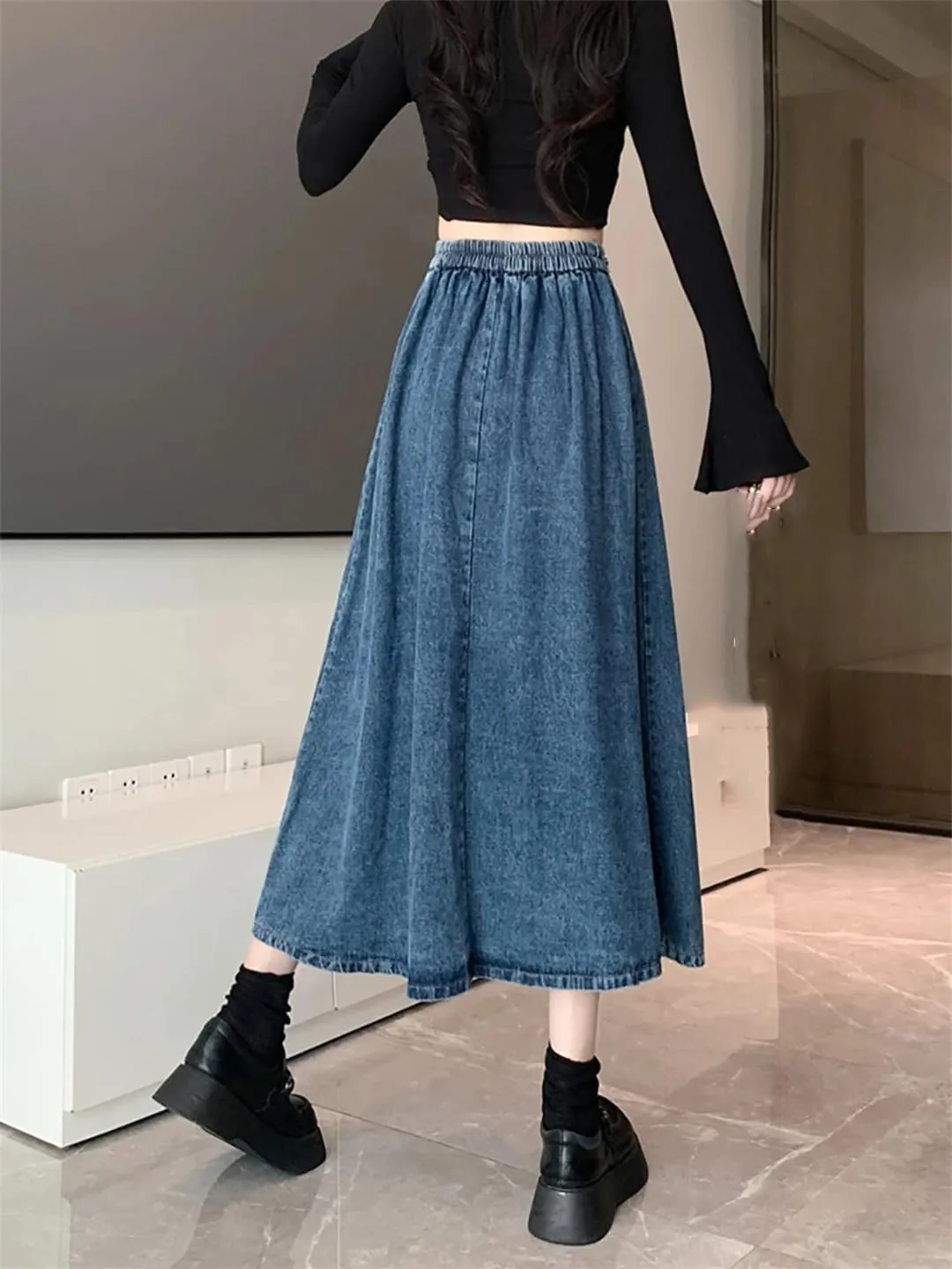 Mokkpeq Women's Elastic Waisted Bow Tie Denim Pleated Skirt High-Waist Slim Fit A-Line Casual Long Lac-Up Skirts