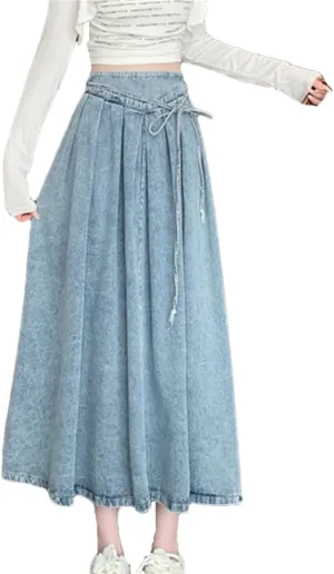 Mokkpeq Women's Elastic Waisted Bow Tie Denim Pleated Skirt High-Waist Slim Fit A-Line Casual Long Lac-Up Skirts