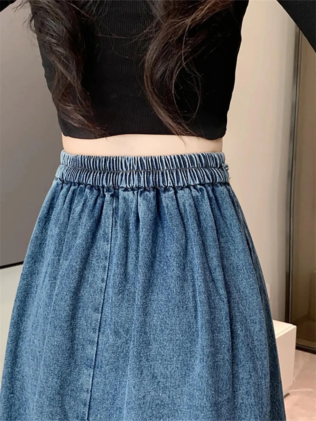 Mokkpeq Women's Elastic Waisted Bow Tie Denim Pleated Skirt High-Waist Slim Fit A-Line Casual Long Lac-Up Skirts