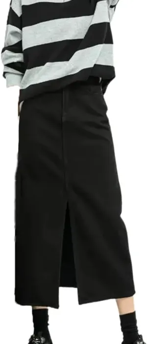 Mokkpeq Women's High Waisted Denim Skirt with Front Slit, Slim Fit Mid Length Black Skirts Casual Work Dress