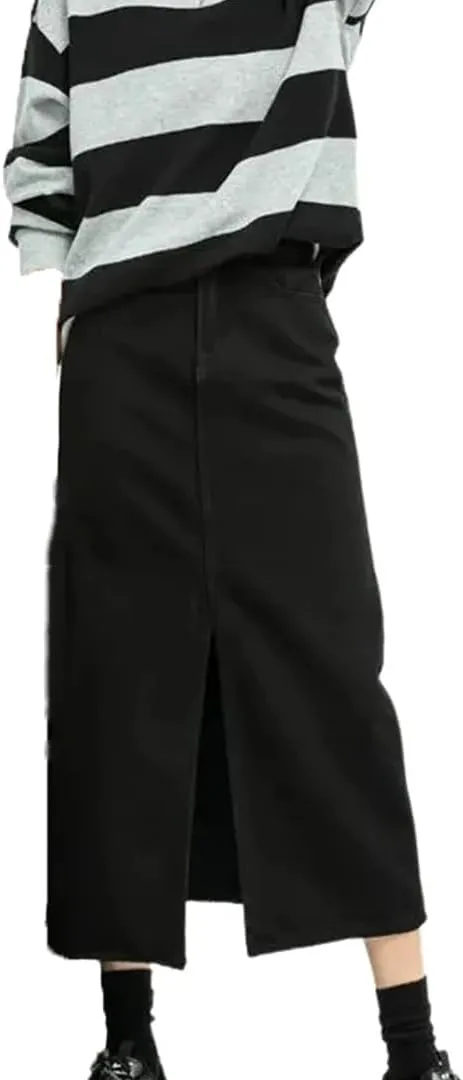 Mokkpeq Women's High Waisted Denim Skirt with Front Slit, Slim Fit Mid Length Black Skirts Casual Work Dress