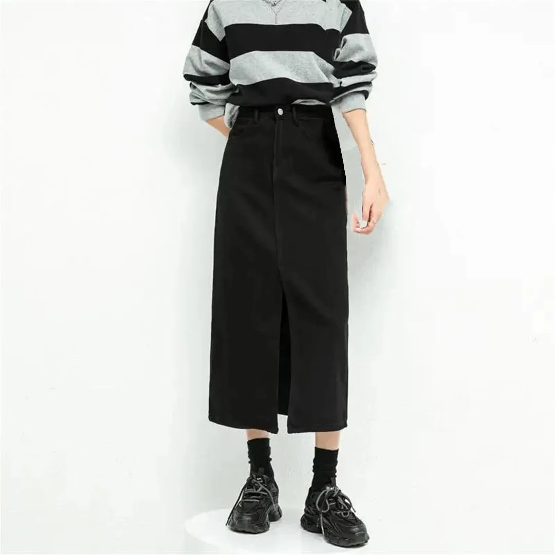 Mokkpeq Women's High Waisted Denim Skirt with Front Slit, Slim Fit Mid Length Black Skirts Casual Work Dress