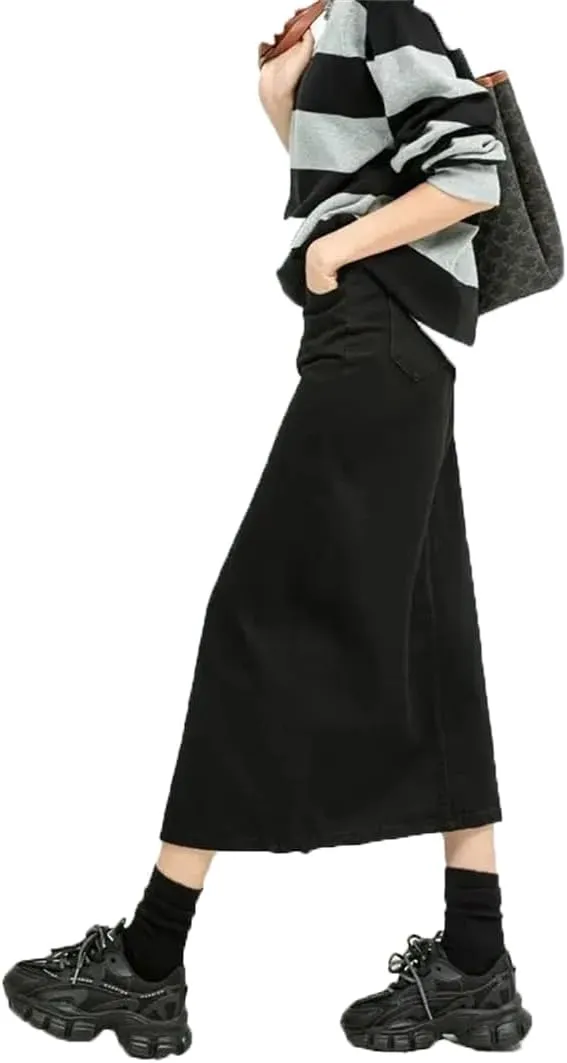 Mokkpeq Women's High Waisted Denim Skirt with Front Slit, Slim Fit Mid Length Black Skirts Casual Work Dress