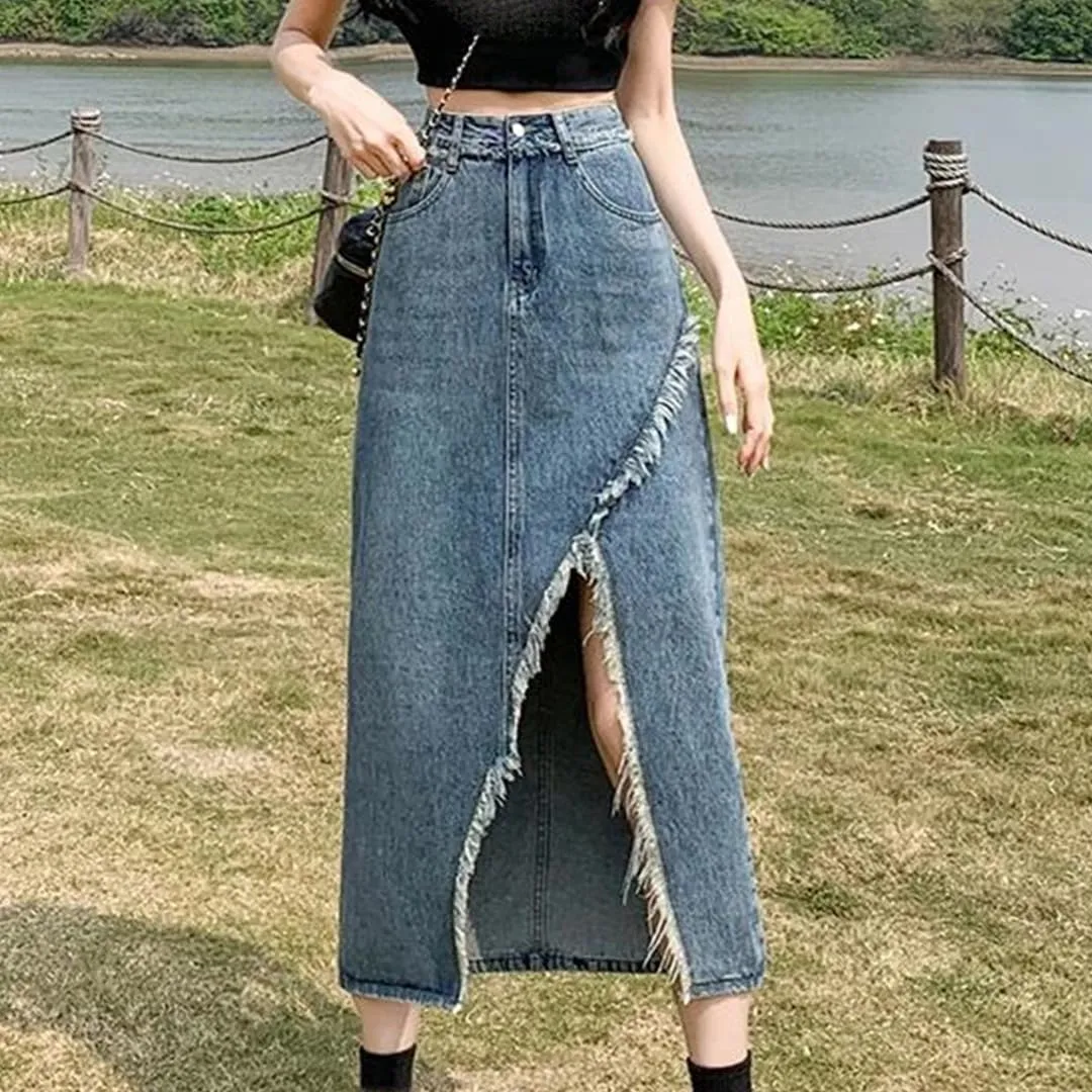 Mokkpeq Women's Retro Irregular Slit Fringed Denim Skirt High-Waisted Slim Fit A-Line Wrap-Hip Jeans Skirts