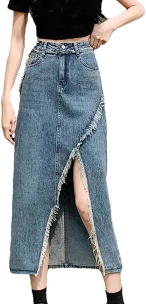 Mokkpeq Women's Retro Irregular Slit Fringed Denim Skirt High-Waisted Slim Fit A-Line Wrap-Hip Jeans Skirts