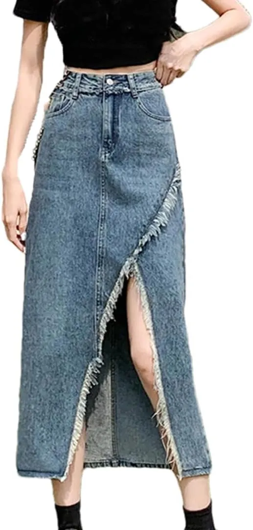 Mokkpeq Women's Retro Irregular Slit Fringed Denim Skirt High-Waisted Slim Fit A-Line Wrap-Hip Jeans Skirts