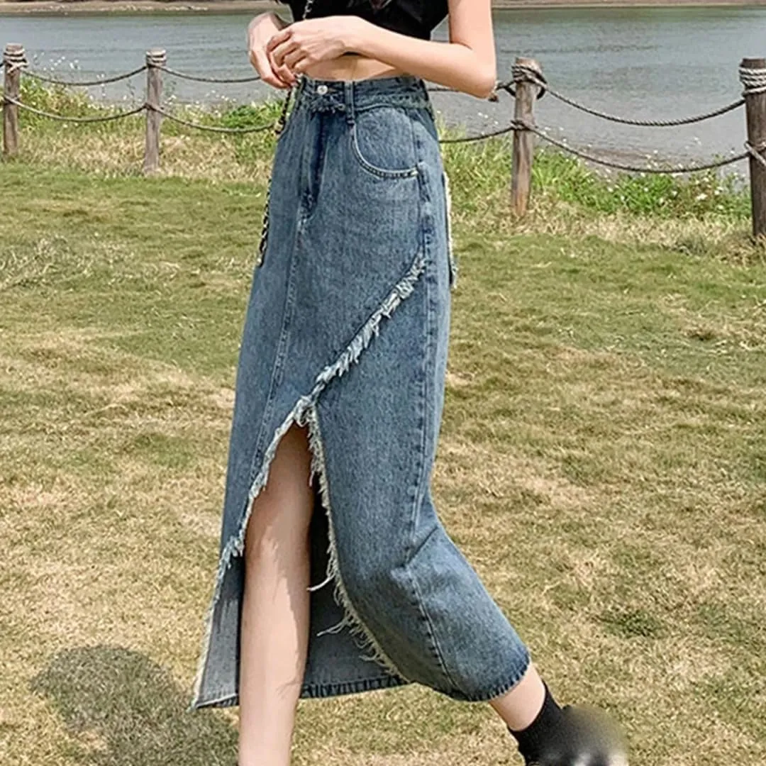 Mokkpeq Women's Retro Irregular Slit Fringed Denim Skirt High-Waisted Slim Fit A-Line Wrap-Hip Jeans Skirts