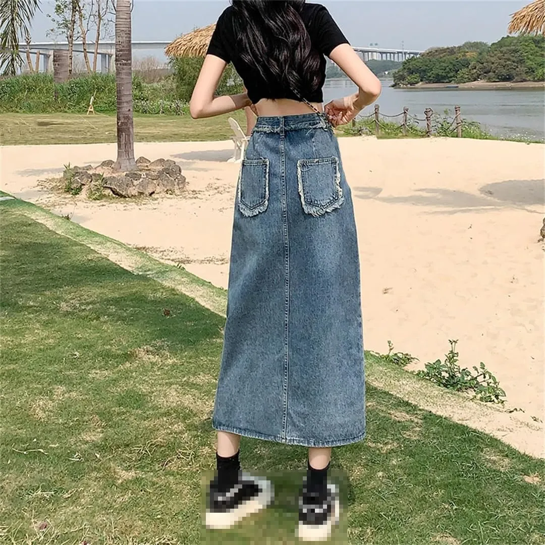 Mokkpeq Women's Retro Irregular Slit Fringed Denim Skirt High-Waisted Slim Fit A-Line Wrap-Hip Jeans Skirts