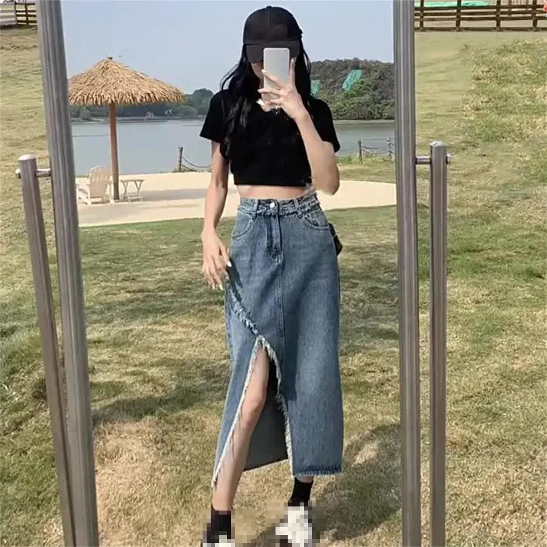 Mokkpeq Women's Retro Irregular Slit Fringed Denim Skirt High-Waisted Slim Fit A-Line Wrap-Hip Jeans Skirts