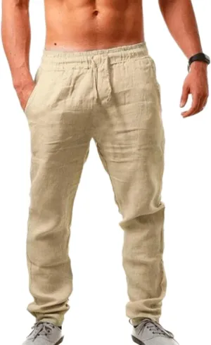 Muscularfit Big and Tall Pants for Men 2023 Casual Cotton Linen Loose Trousers Drawstring Elastic Waist Solid Straight Legs
