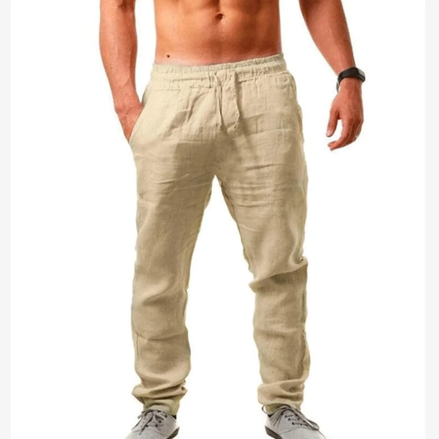 Muscularfit Big and Tall Pants for Men 2023 Casual Cotton Linen Loose Trousers Drawstring Elastic Waist Solid Straight Legs