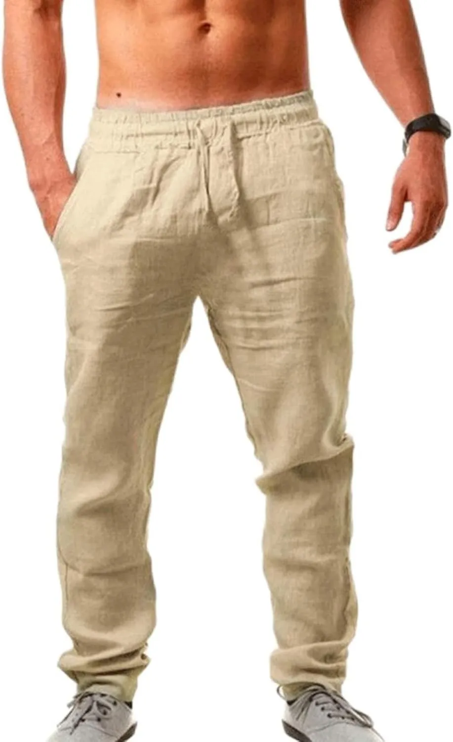 Muscularfit Big and Tall Pants for Men 2023 Casual Cotton Linen Loose Trousers Drawstring Elastic Waist Solid Straight Legs