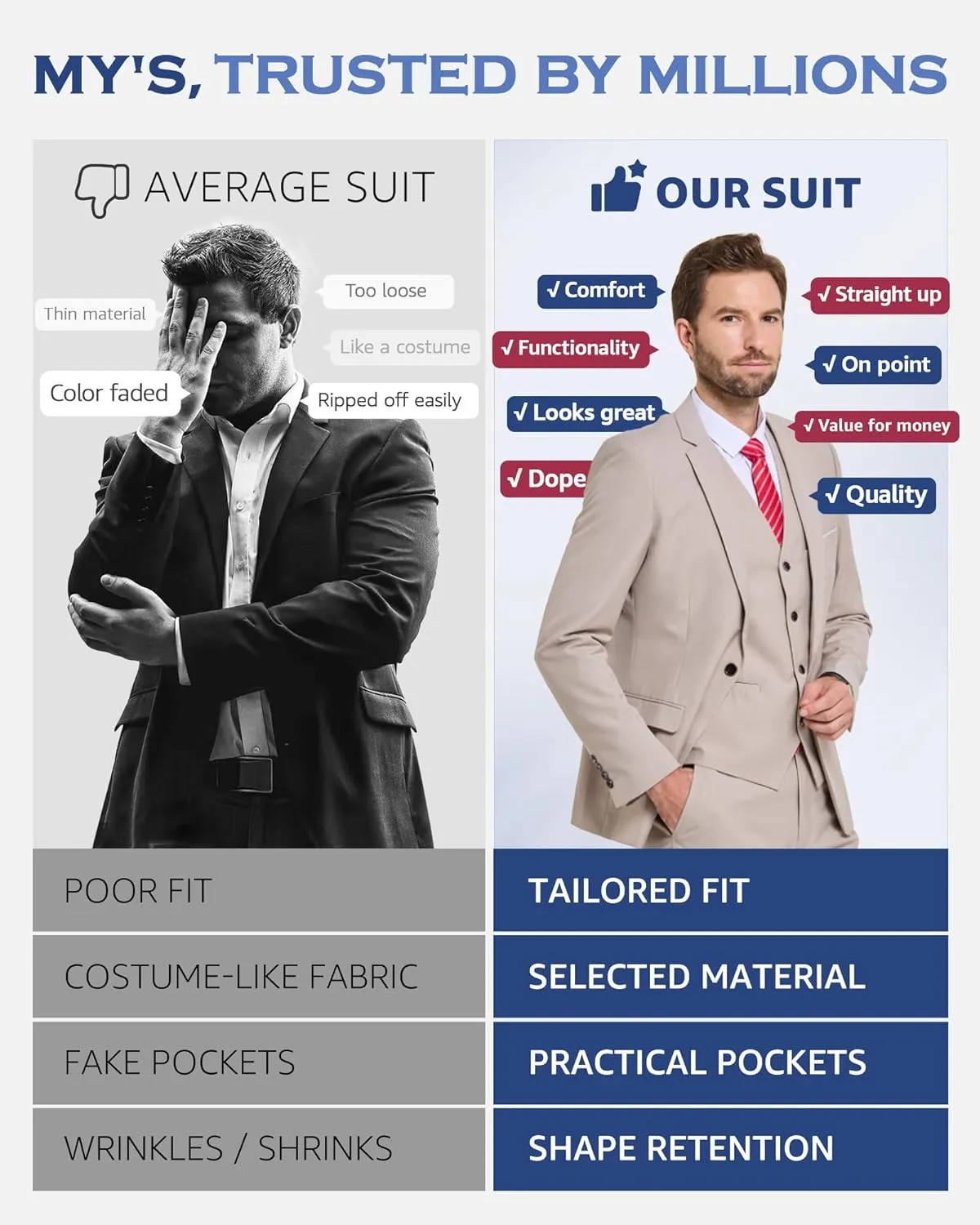 MY'S Men's 3 Piece Slim Fit Suit Set, One Button Solid Jacket Vest Pants with Tie