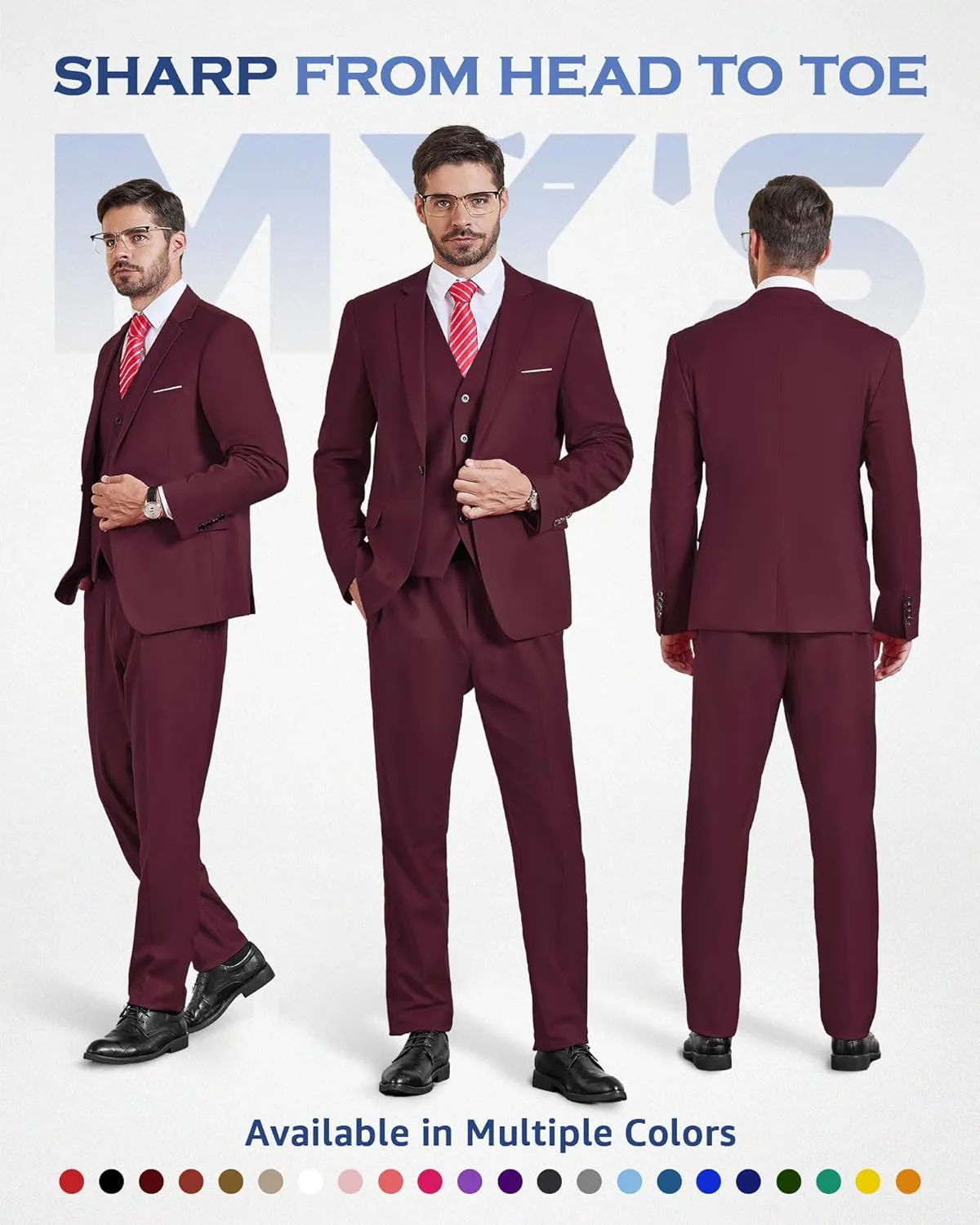 MY'S Men's 3 Piece Slim Fit Suit Set, One Button Solid Jacket Vest Pants with Tie