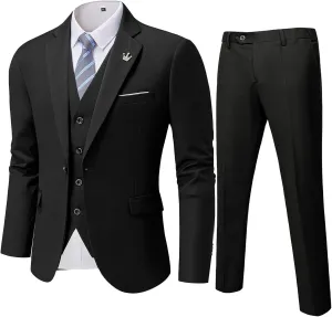 MY'S Men's 3 Piece Slim Fit Suit Set, One Button Solid Jacket Vest Pants with Tie