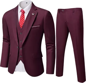 MY'S Men's 3 Piece Slim Fit Suit Set, One Button Solid Jacket Vest Pants with Tie