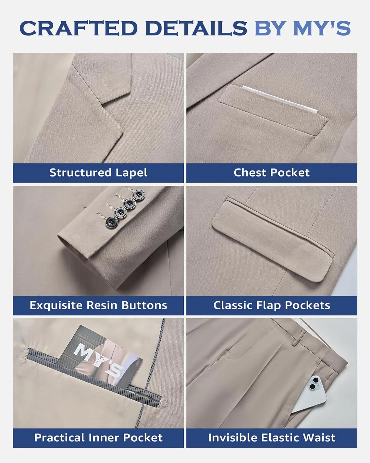 MY'S Men's 3 Piece Slim Fit Suit Set, One Button Solid Jacket Vest Pants with Tie