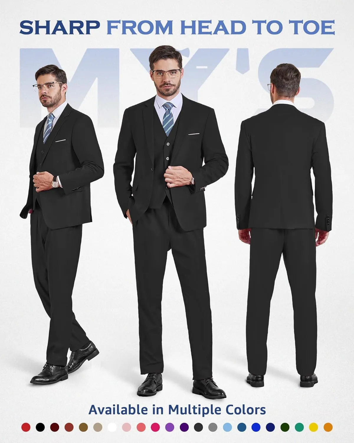 MY'S Men's 3 Piece Slim Fit Suit Set, One Button Solid Jacket Vest Pants with Tie
