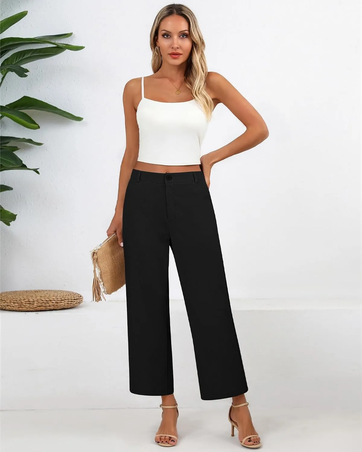 Neer Women's Cotton Linen Palazzo Pants, Casual Wide Leg Lounge Pants Summer High Waisted Flowy Trousers with Pockets