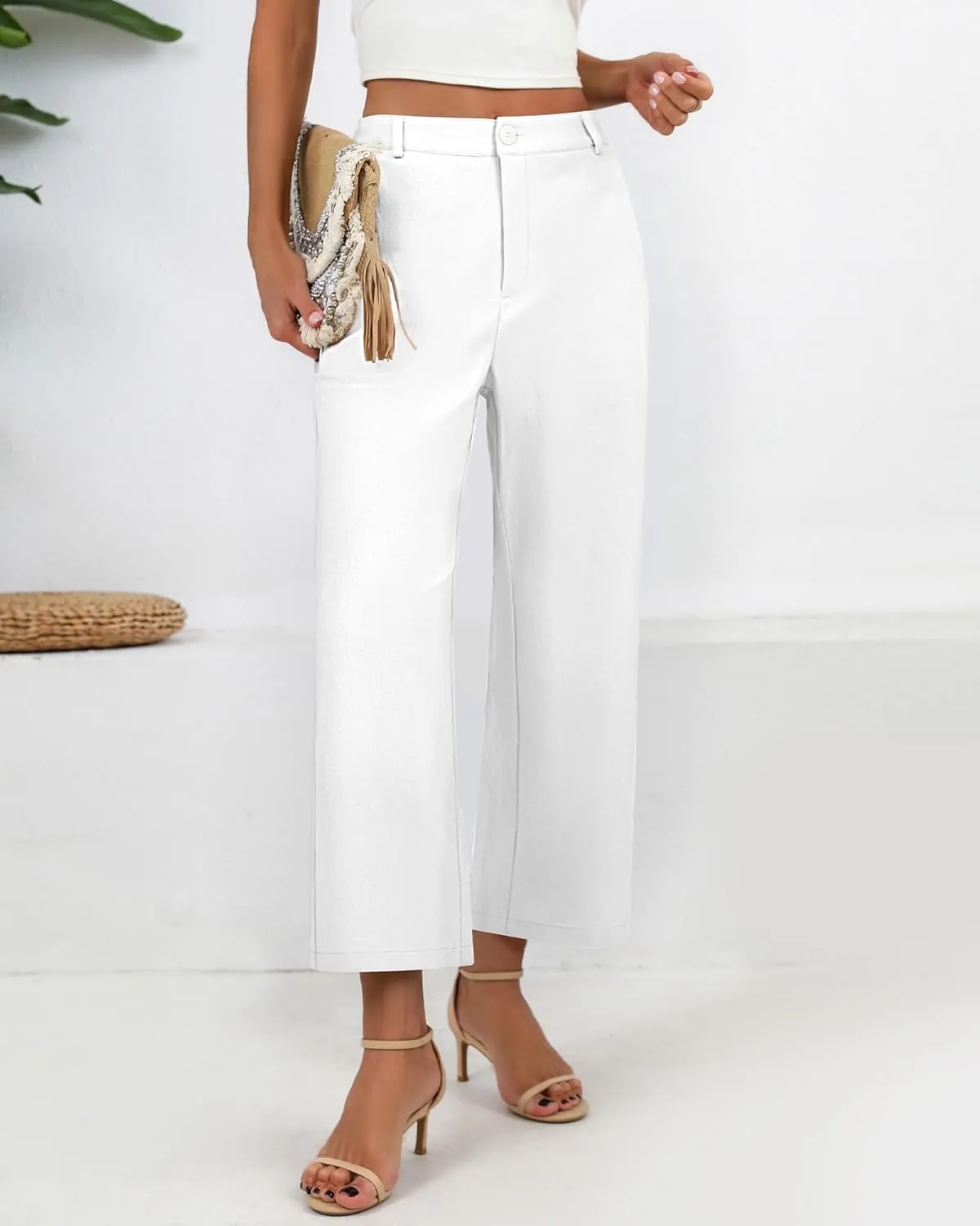 Neer Women's Cotton Linen Palazzo Pants, Casual Wide Leg Lounge Pants Summer High Waisted Flowy Trousers with Pockets