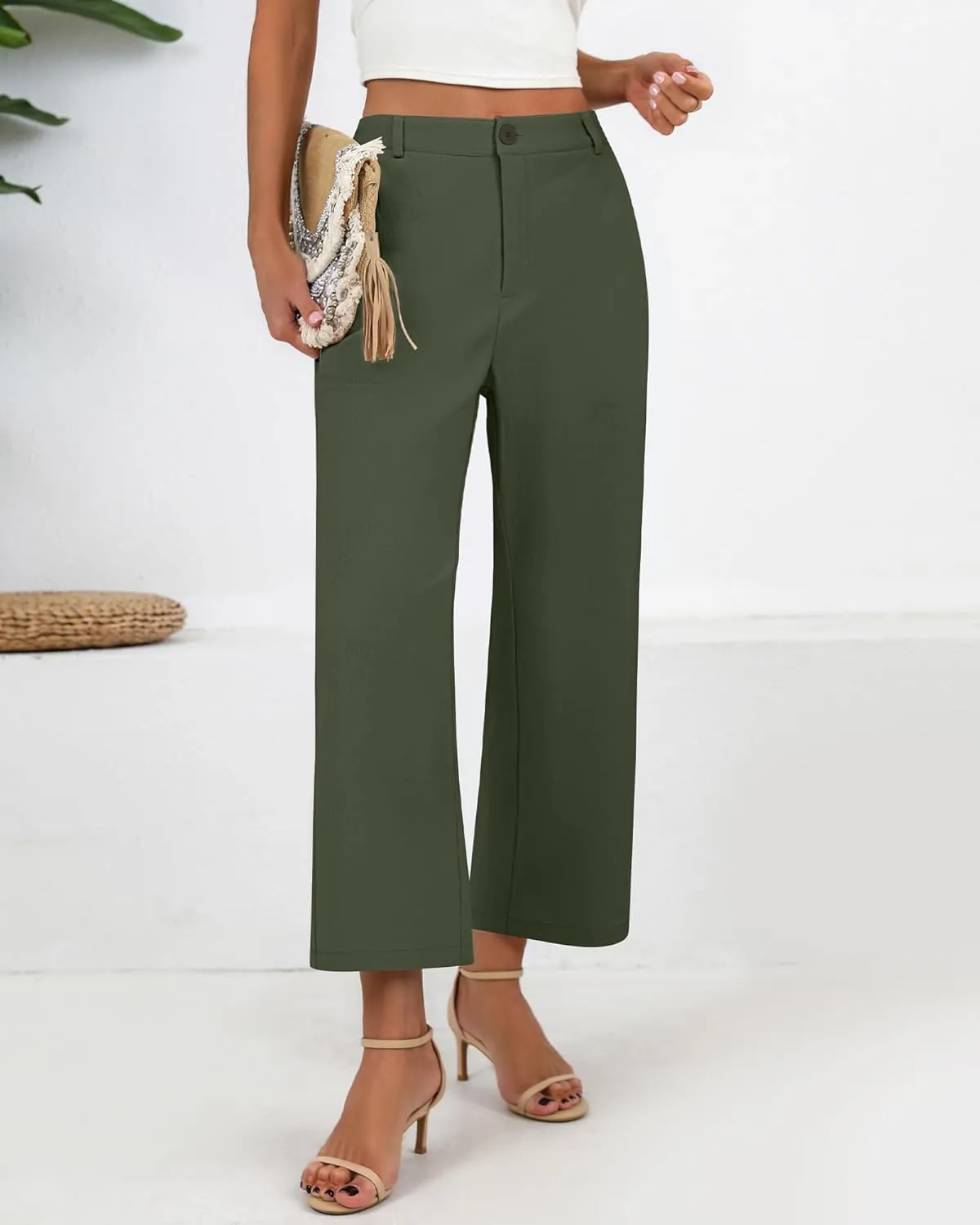 Neer Women's Cotton Linen Palazzo Pants, Casual Wide Leg Lounge Pants Summer High Waisted Flowy Trousers with Pockets