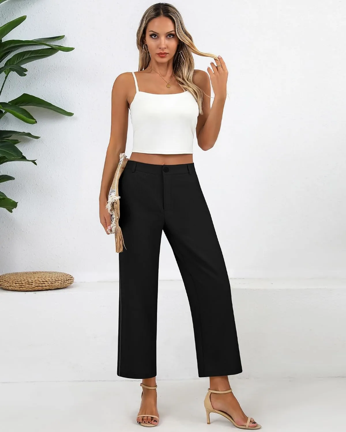 Neer Women's Cotton Linen Palazzo Pants, Casual Wide Leg Lounge Pants Summer High Waisted Flowy Trousers with Pockets