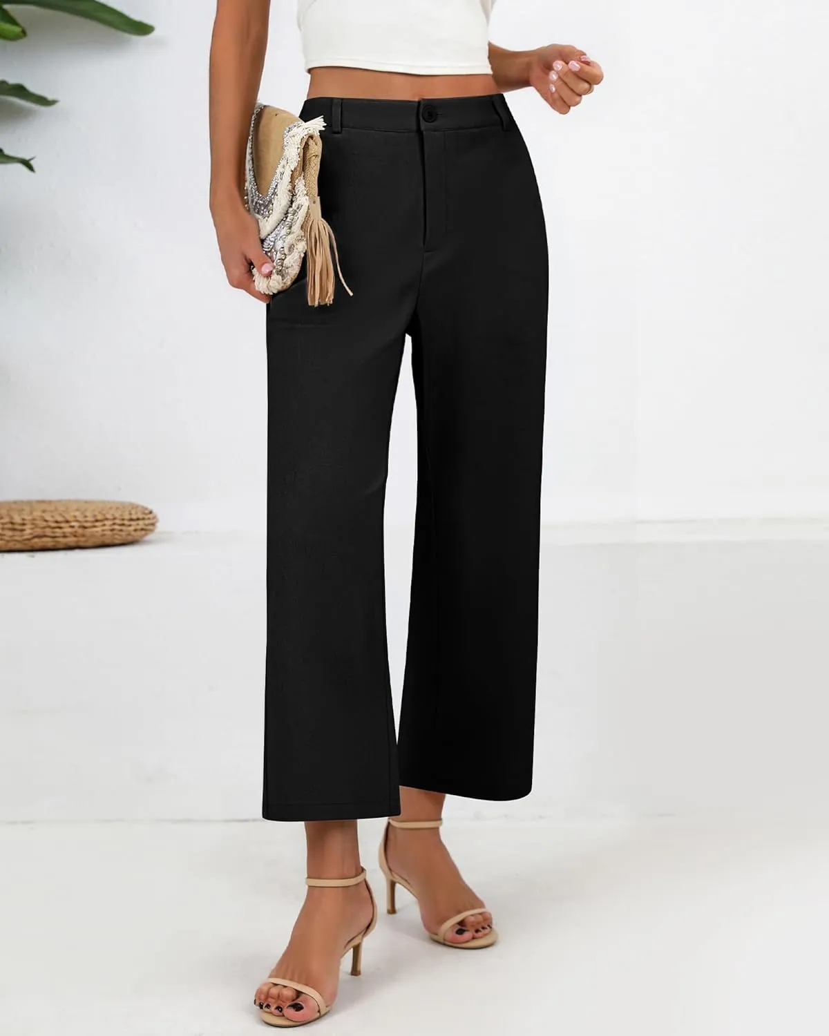 Neer Women's Cotton Linen Palazzo Pants, Casual Wide Leg Lounge Pants Summer High Waisted Flowy Trousers with Pockets