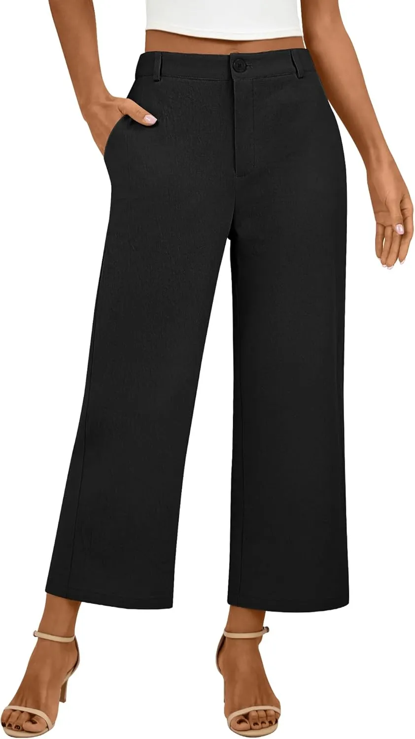 Neer Women's Cotton Linen Palazzo Pants, Casual Wide Leg Lounge Pants Summer High Waisted Flowy Trousers with Pockets