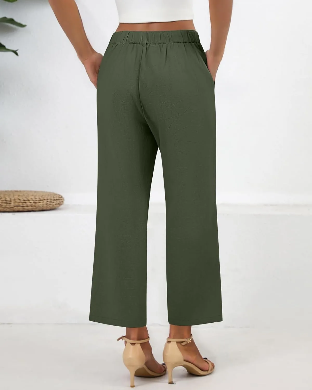 Neer Women's Cotton Linen Palazzo Pants, Casual Wide Leg Lounge Pants Summer High Waisted Flowy Trousers with Pockets