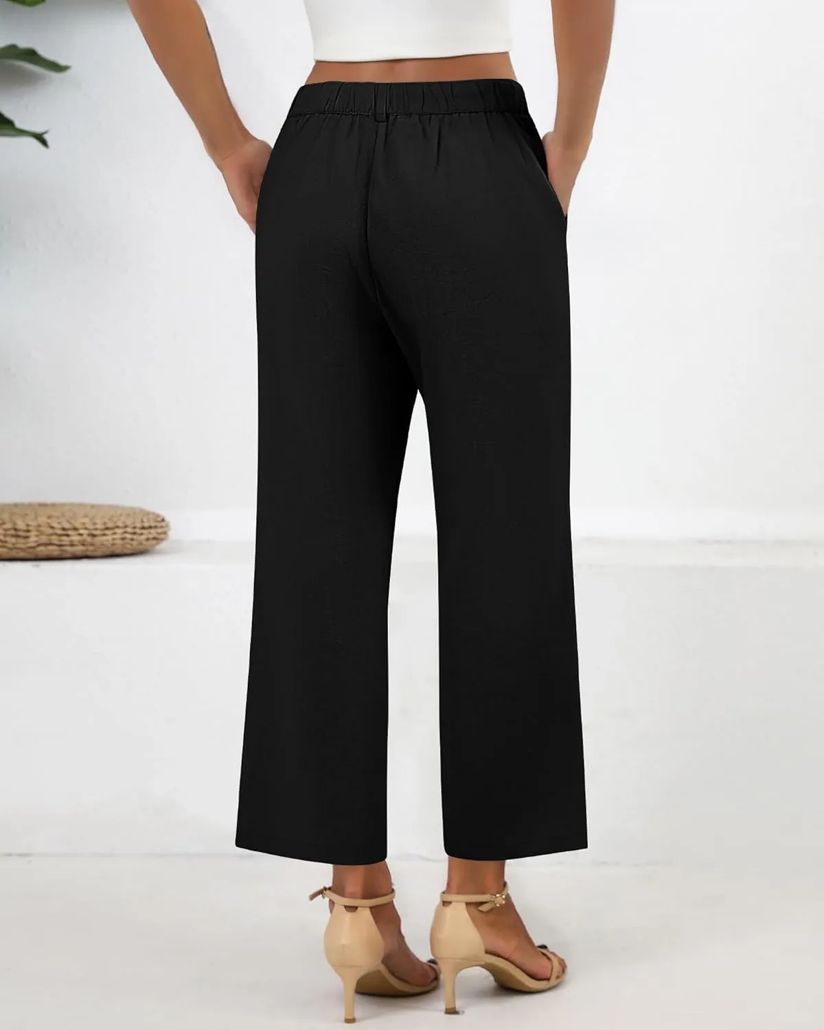 Neer Women's Cotton Linen Palazzo Pants, Casual Wide Leg Lounge Pants Summer High Waisted Flowy Trousers with Pockets