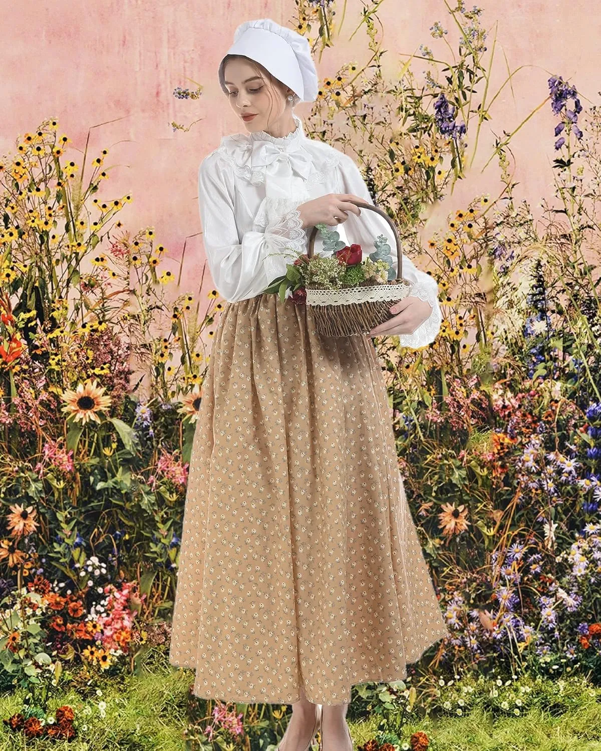 NSPSTT Women Pioneer Colonial Skirt Girls Peasant Prairie Skirt Civil War Trek Floral Costume
