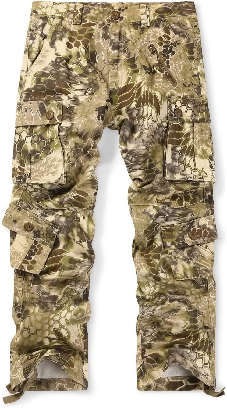 OCHENTA Men's Cotton Casual Cargo Work Pants Baggy Camo Tactical Combat Trousers with 8 Pockets (No Belt)