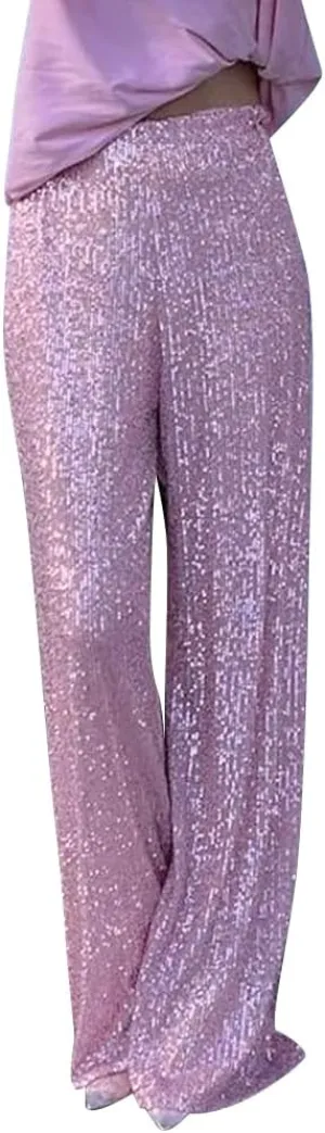 ODIZLI Womens Wide Leg Sparkle Sequin Pants Elastic High Waisted Bling Glitter Dance Pants
