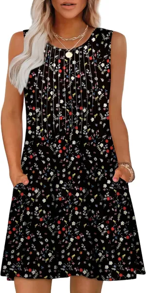 OFEEFAN Summer Dresses for Women 2025 Loose Beach Vacation Casual Crew Neck Sleeveless Sundresses with Pockets Tank Dress