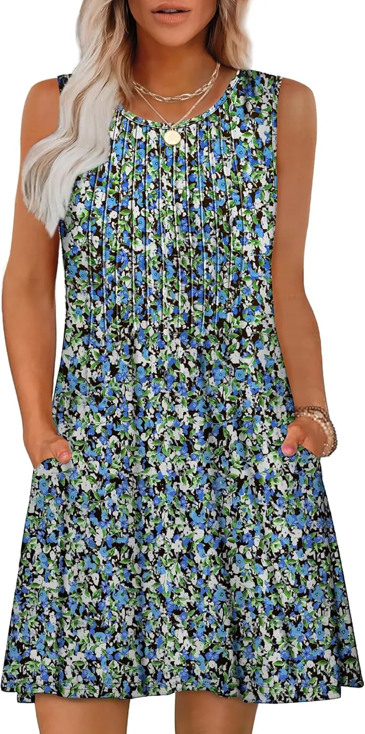 OFEEFAN Summer Dresses for Women 2025 Loose Beach Vacation Casual Crew Neck Sleeveless Sundresses with Pockets Tank Dress