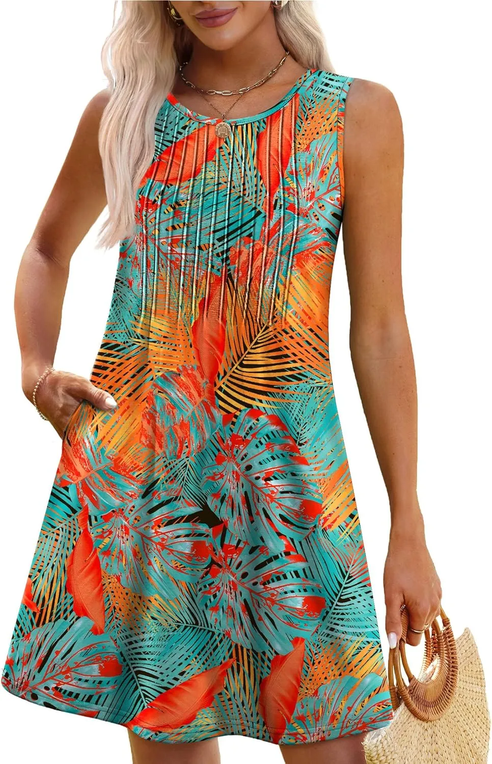 OFEEFAN Summer Dresses for Women 2025 Loose Beach Vacation Casual Crew Neck Sleeveless Sundresses with Pockets Tank Dress