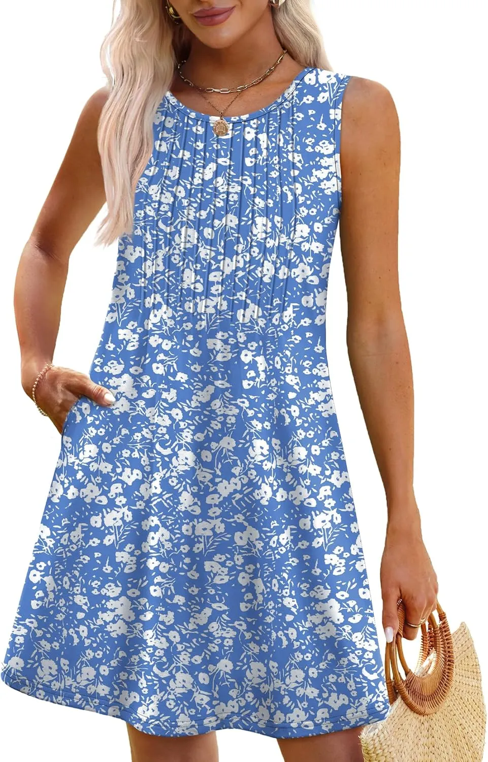 OFEEFAN Summer Dresses for Women 2025 Loose Beach Vacation Casual Crew Neck Sleeveless Sundresses with Pockets Tank Dress