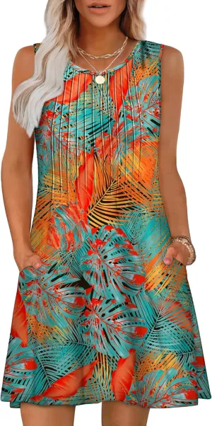 OFEEFAN Summer Dresses for Women 2025 Loose Beach Vacation Casual Crew Neck Sleeveless Sundresses with Pockets Tank Dress