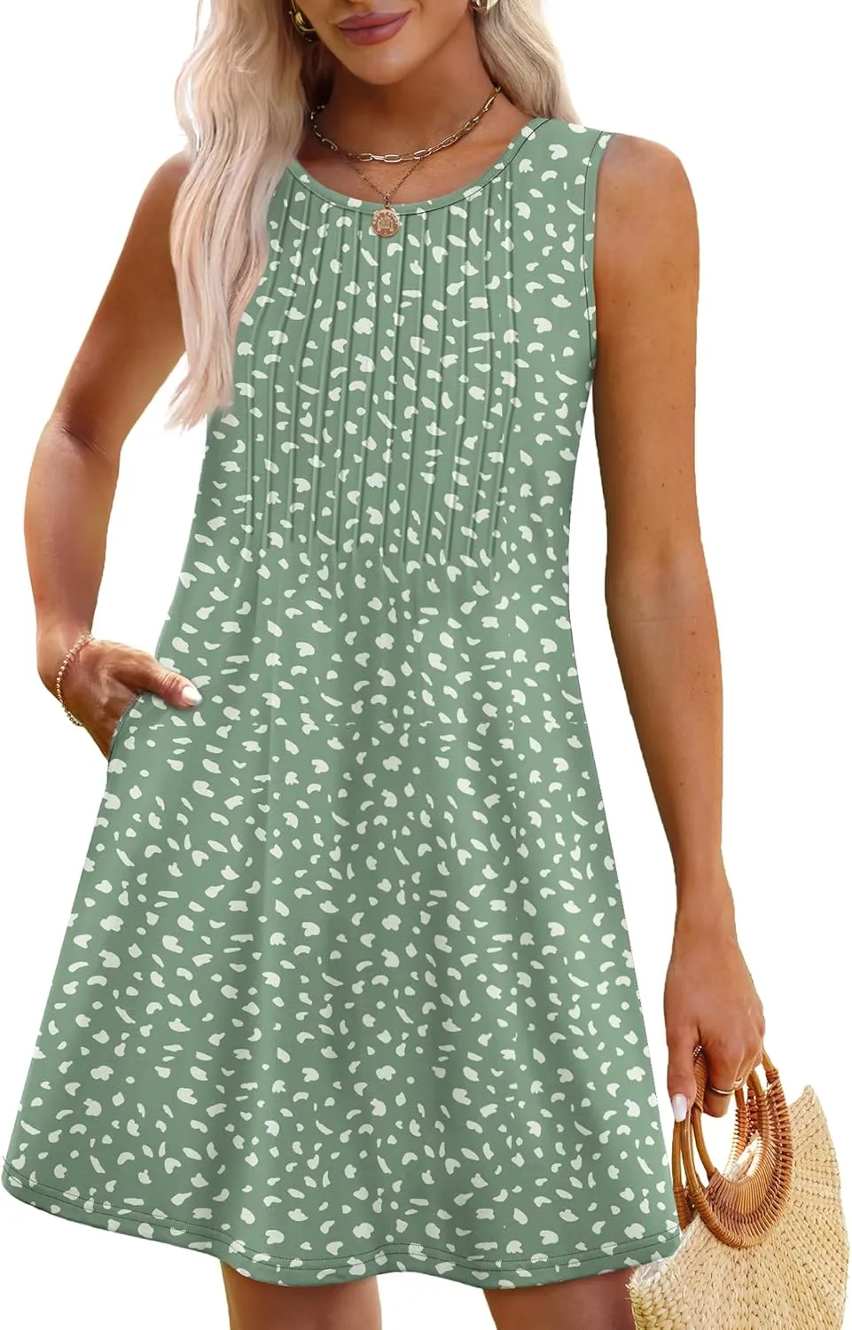 OFEEFAN Summer Dresses for Women 2025 Loose Beach Vacation Casual Crew Neck Sleeveless Sundresses with Pockets Tank Dress