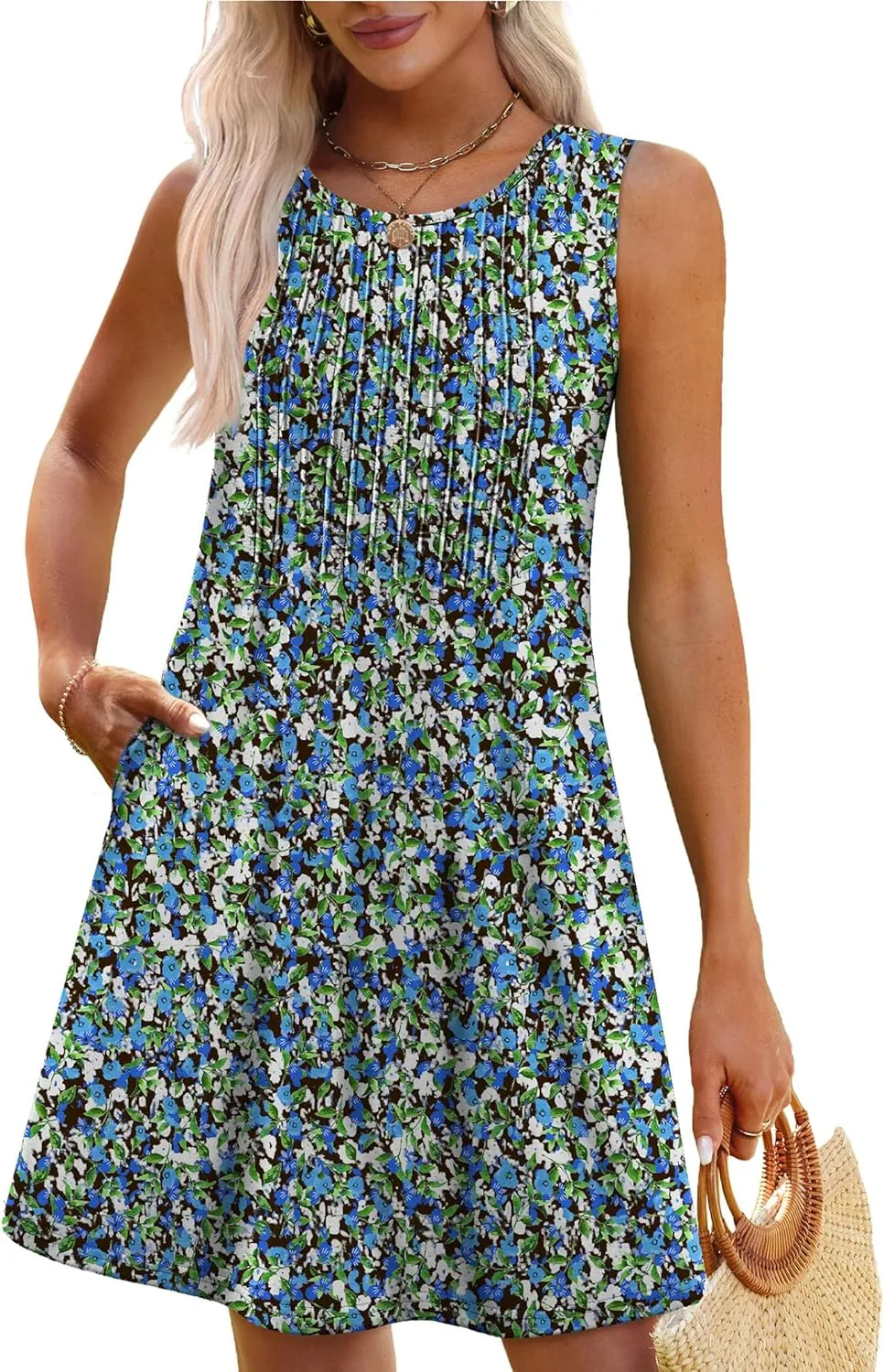 OFEEFAN Summer Dresses for Women 2025 Loose Beach Vacation Casual Crew Neck Sleeveless Sundresses with Pockets Tank Dress