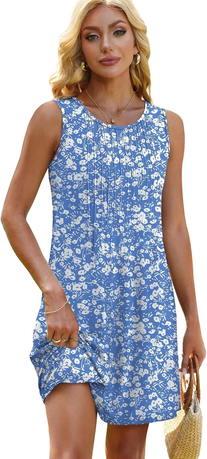 OFEEFAN Summer Dresses for Women 2025 Loose Beach Vacation Casual Crew Neck Sleeveless Sundresses with Pockets Tank Dress