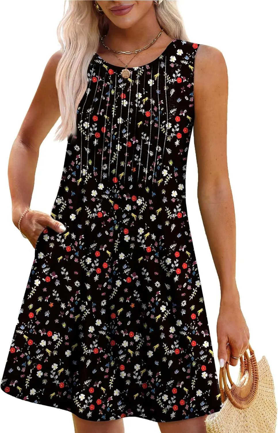 OFEEFAN Summer Dresses for Women 2025 Loose Beach Vacation Casual Crew Neck Sleeveless Sundresses with Pockets Tank Dress