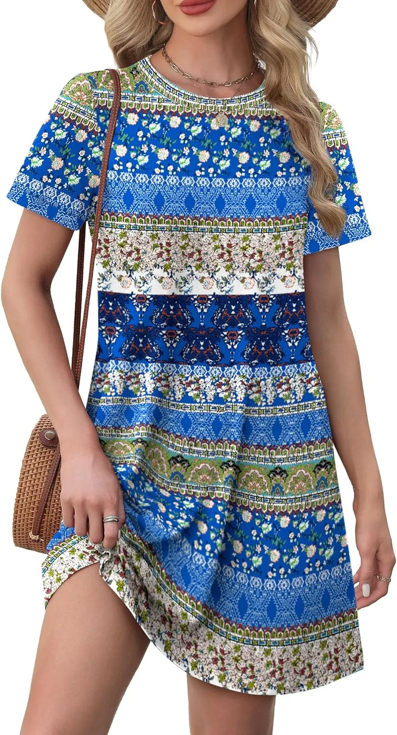OFEEFAN Summer Dresses for Women 2025 Short Sleeve Casual T Shirt Dress Crewneck Sundresses Beach Vacation Coverup Pockets
