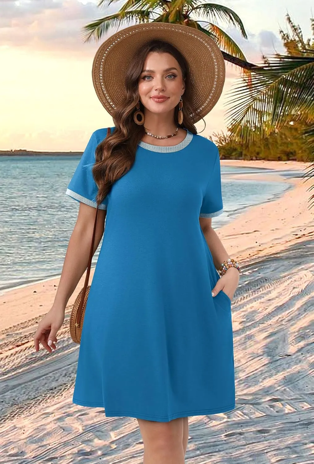 OFEEFAN Summer Dresses for Women 2025 Short Sleeve Casual T Shirt Dress Crewneck Sundresses Beach Vacation Coverup Pockets