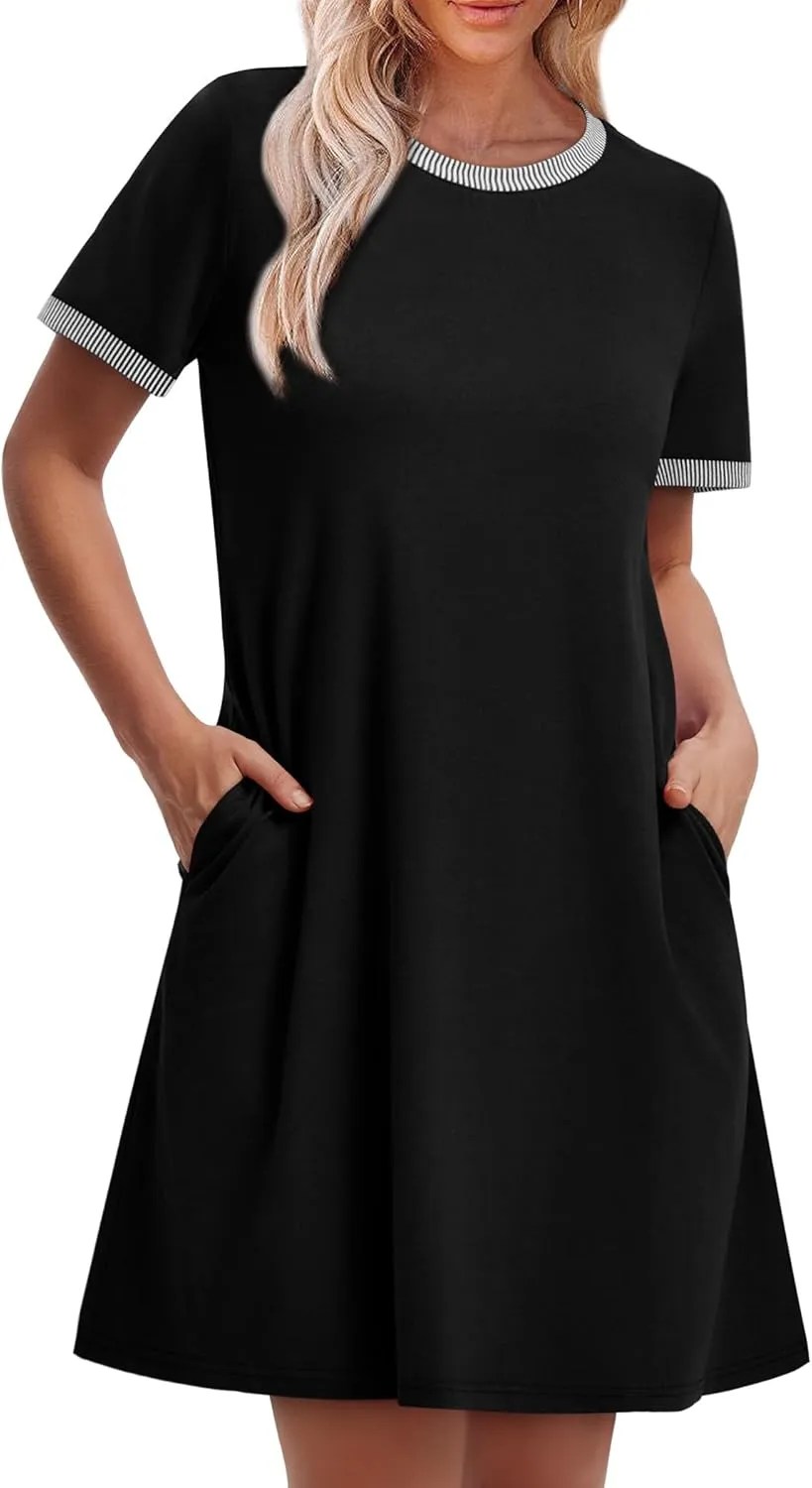 OFEEFAN Summer Dresses for Women 2025 Short Sleeve Casual T Shirt Dress Crewneck Sundresses Beach Vacation Coverup Pockets